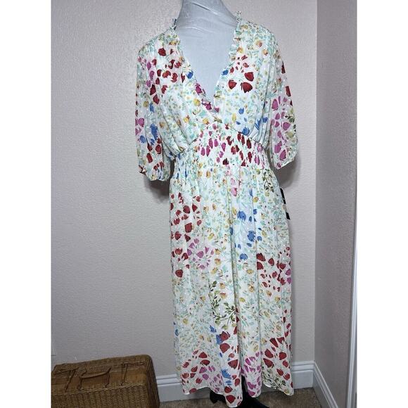 Maison Tara Floral Chiffon Clip Dot V Neck Smocked Midi Dress plus Size 14 - Picture 2 of 9